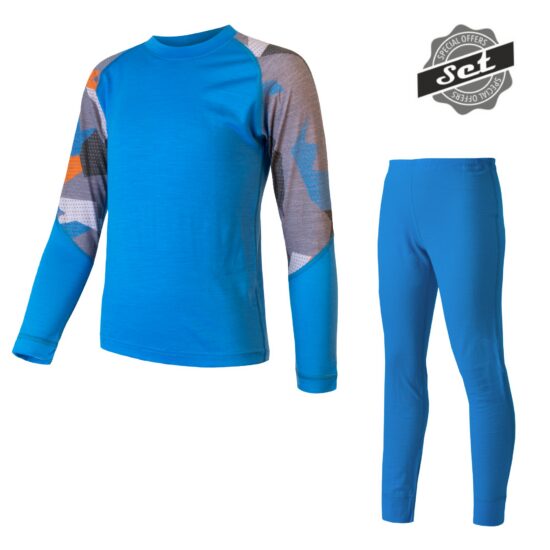 SENSOR MERINO IMPRESS SET dětský triko dl.rukáv + spodky modrá/camo Velikost: 140