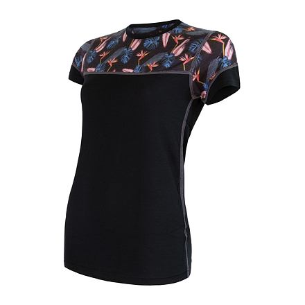 SENSOR MERINO IMPRESS dámské triko kr.rukáv černá/floral Velikost: S 8592837071572