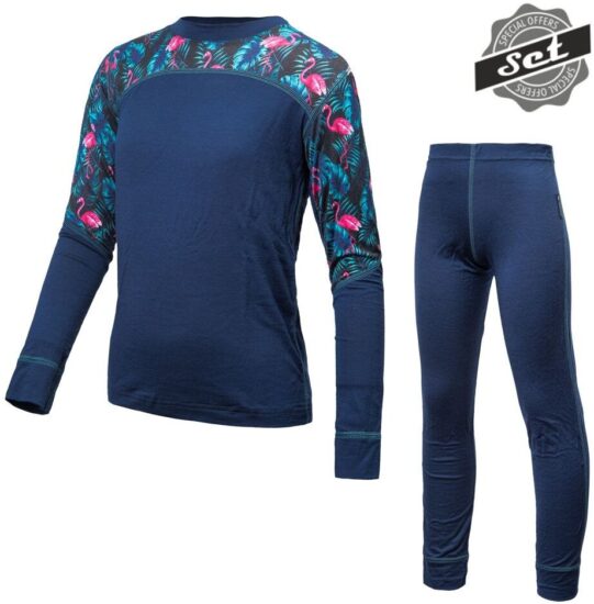 SENSOR MERINO IMPRESS SET dětský triko dl.rukáv + spodky deep blue/floral Velikost: 130